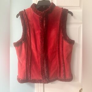 Vibrant Red Faux Fur Vest with leather trim XL